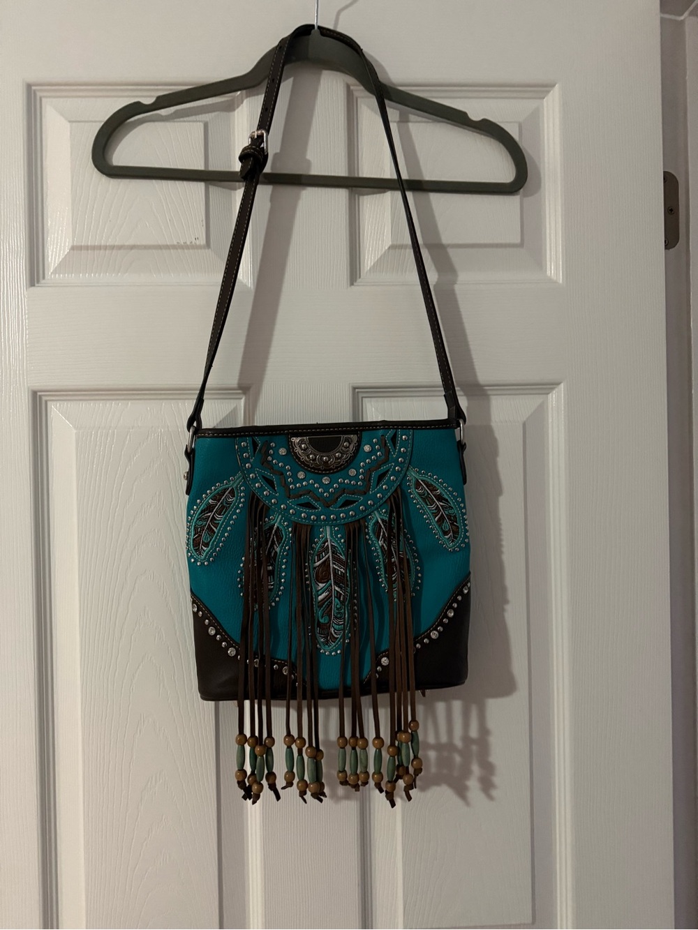 Teal and Brow Fringe purse with Studded Detail - Picture 2 of 7